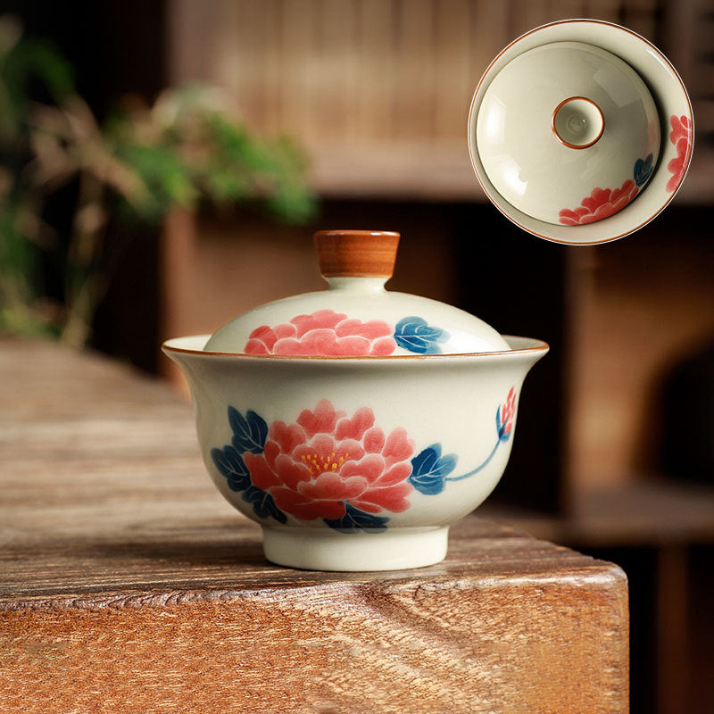 Grey Glaze Hand Painted Covered Bowl Kung Fu Tea Set