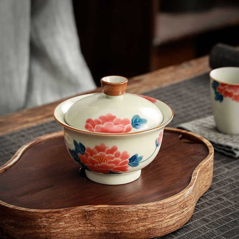 Grey Glaze Hand Painted Covered Bowl Kung Fu Tea Set