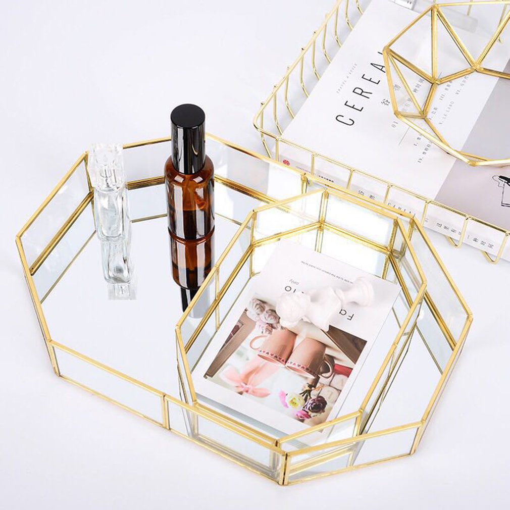 Retro Brass Storage Tray Golden Polygon Glass Makeup Organizer Tray Dessert Snack Plate Jewelry Display Stand Home Kitchen Decor