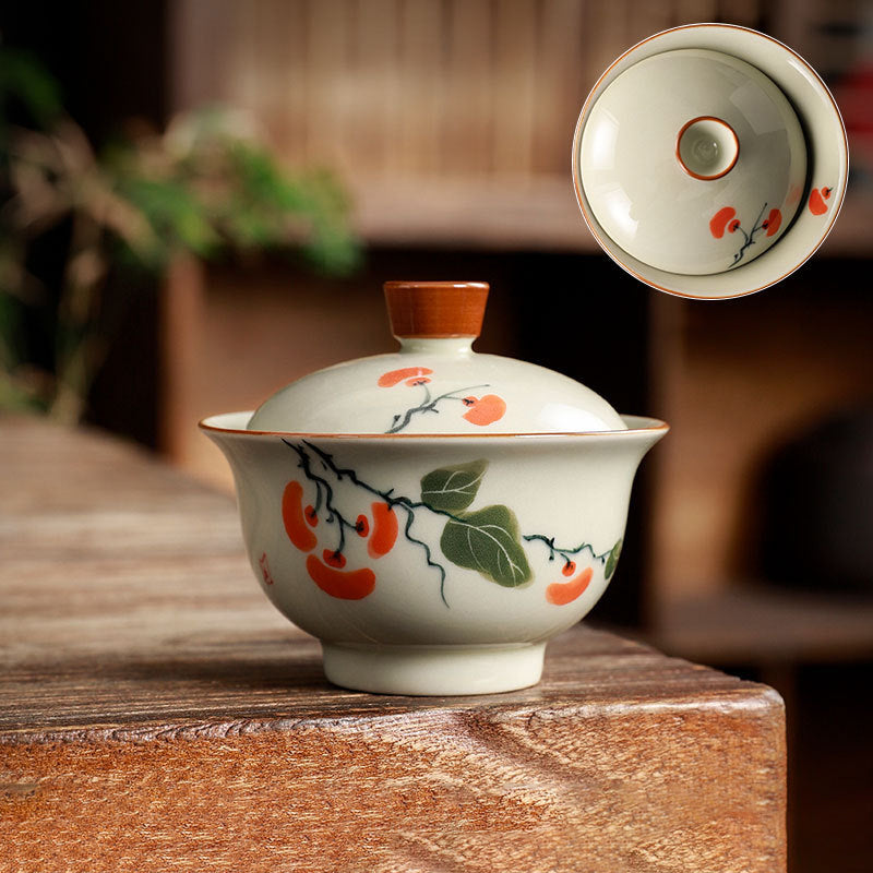 Grey Glaze Hand Painted Covered Bowl Kung Fu Tea Set