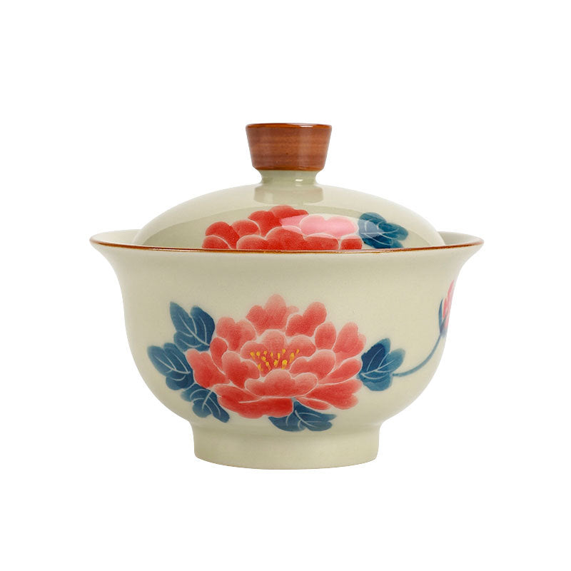 Grey Glaze Hand Painted Covered Bowl Kung Fu Tea Set