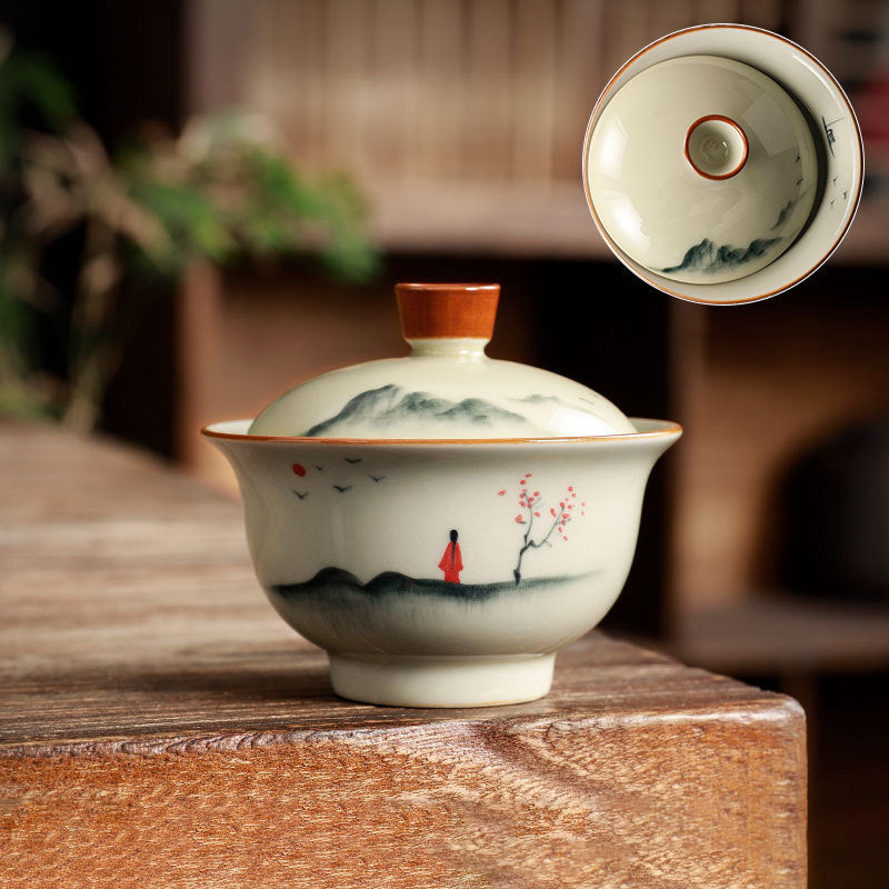 Grey Glaze Hand Painted Covered Bowl Kung Fu Tea Set