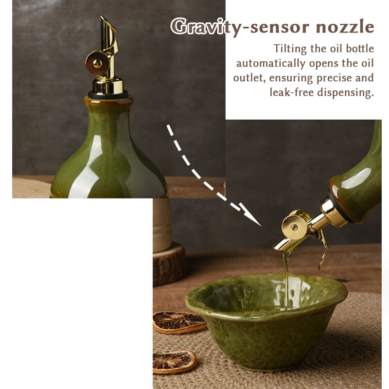 European Retro Green Ceramic Olive Oil Bottle with Stainless Steel Spout – Vintage Kitchen Storage & Seasoning Dispenser