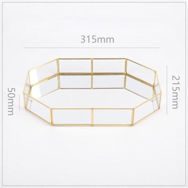 Retro Brass Storage Tray Golden Polygon Glass Makeup Organizer Tray Dessert Snack Plate Jewelry Display Stand Home Kitchen Decor