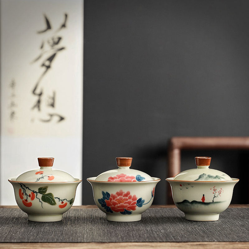 Grey Glaze Hand Painted Covered Bowl Kung Fu Tea Set