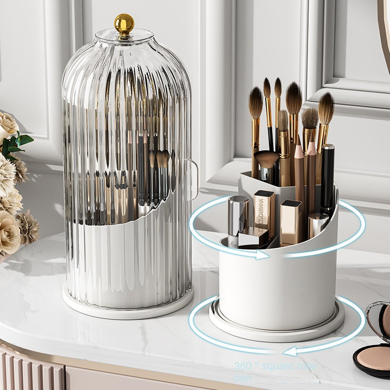 Rotating Makeup Brush Holder, Lipstick Organizer, Dust-Proof Compartmentalized Desktop Cosmetic Storage Box
