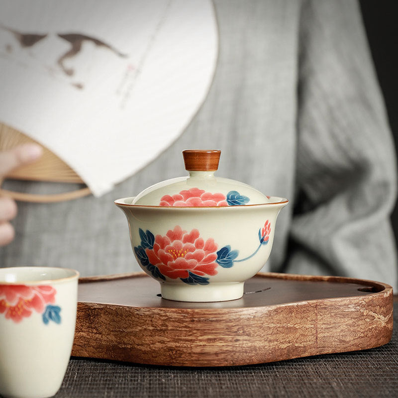 Grey Glaze Hand Painted Covered Bowl Kung Fu Tea Set