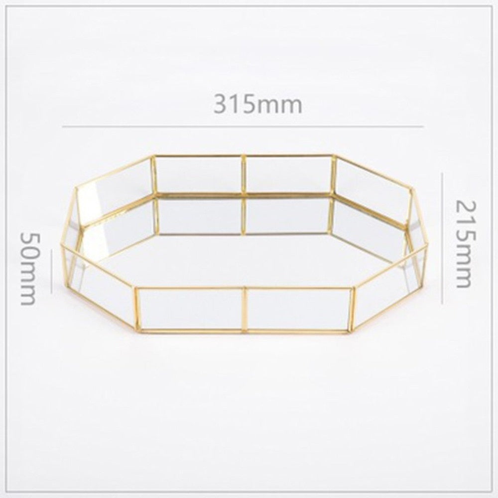Retro Brass Storage Tray Golden Polygon Glass Makeup Organizer Tray Dessert Snack Plate Jewelry Display Stand Home Kitchen Decor