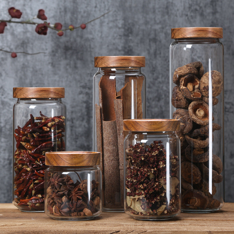 Glass tea can acacia lid sealed can storage tank