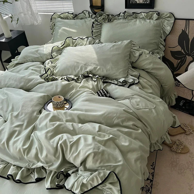 DecorBites™ Cooling Silky Ruffled Bedding Set 180X220 - 4 Piece Smooth Fitted Sheet
