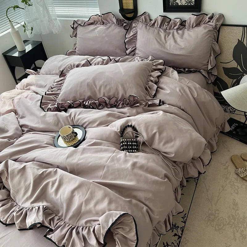 DecorBites™ Cooling Silky Ruffled Bedding Set 180X220 - 4 Piece Smooth Fitted Sheet