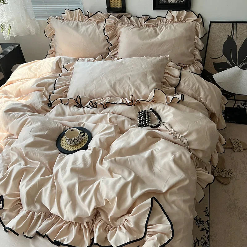 DecorBites™ Cooling Silky Ruffled Bedding Set 180X220 - 4 Piece Smooth Fitted Sheet