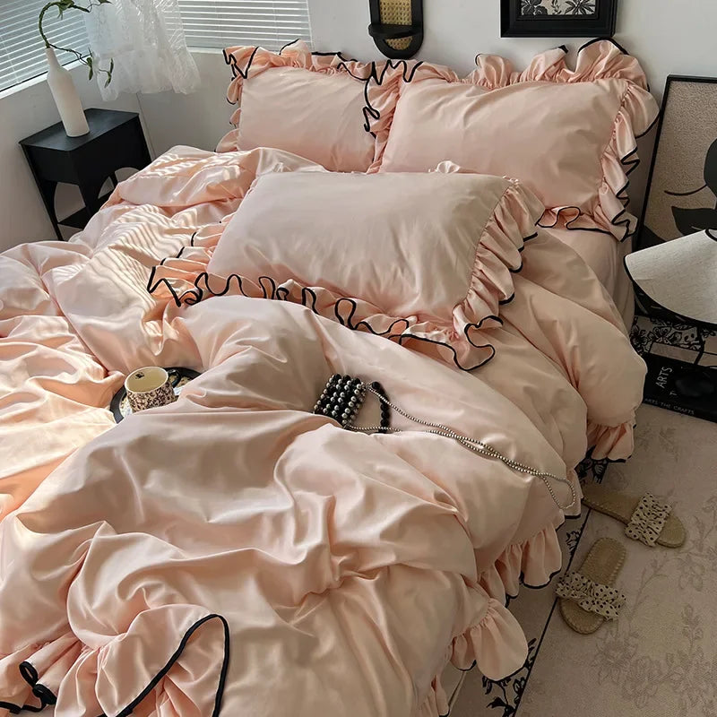 DecorBites™ Cooling Silky Ruffled Bedding Set 180X220 - 4 Piece Smooth Fitted Sheet