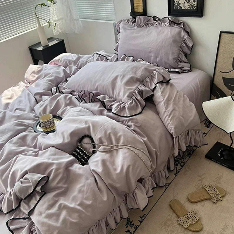 DecorBites™ Cooling Silky Ruffled Bedding Set 180X220 - 4 Piece Smooth Fitted Sheet