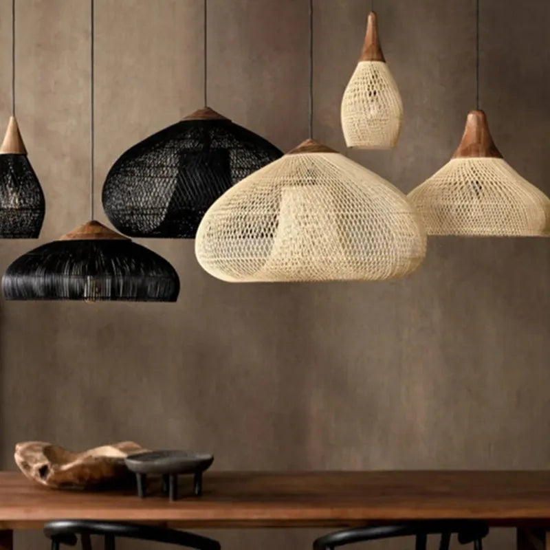 Wabi Sabi Vintage Handmade Rattan Pendant Lamps - Japanese Style Lighting for Kitchen Island and Dining Room Decor