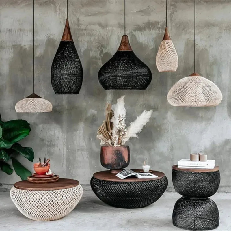 Wabi Sabi Vintage Handmade Rattan Pendant Lamps - Japanese Style Lighting for Kitchen Island and Dining Room Decor