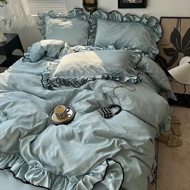 DecorBites™ Cooling Silky Ruffled Bedding Set 180X220 - 4 Piece Smooth Fitted Sheet