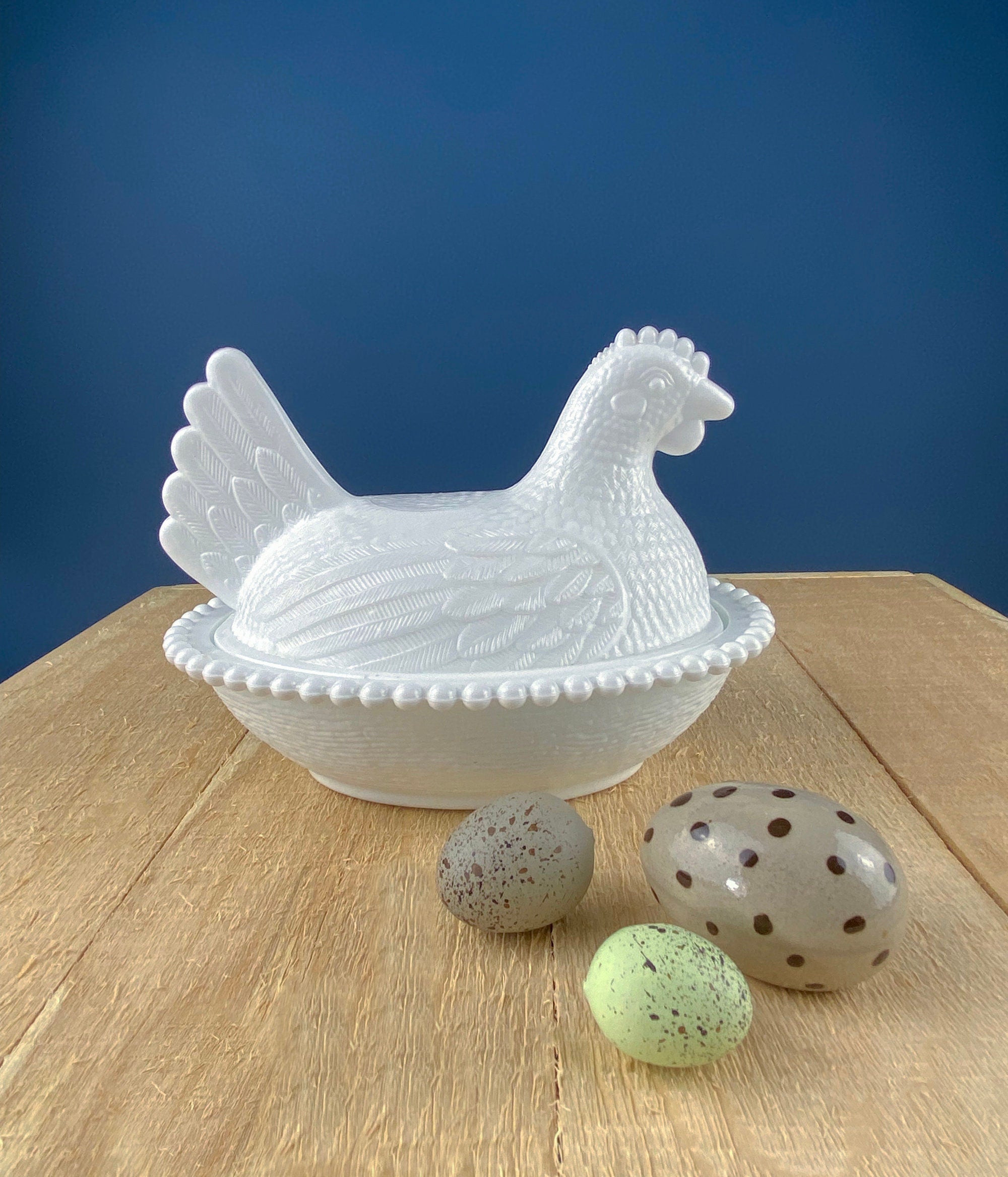 Vintage Milk Glass Hen on Nest Bowl, Farmhouse Kitchen Decor